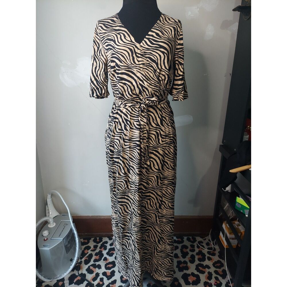 Tiger Zebra Stripe Beige Black Full Length Short Bell Sleeve Dress Animal Print